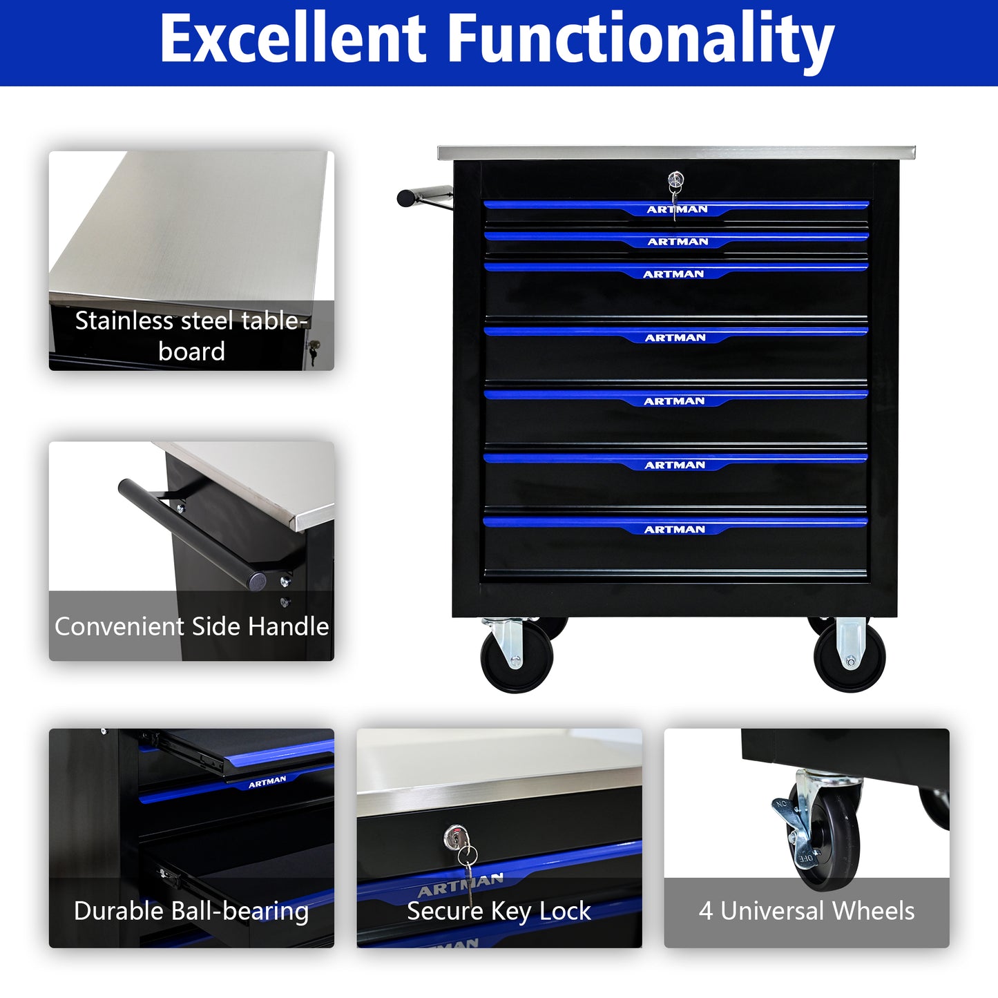 7 DRAWERS MULTIFUNCTIONAL TOOL CART WITH WHEELS-BLACK&BLUE image 5