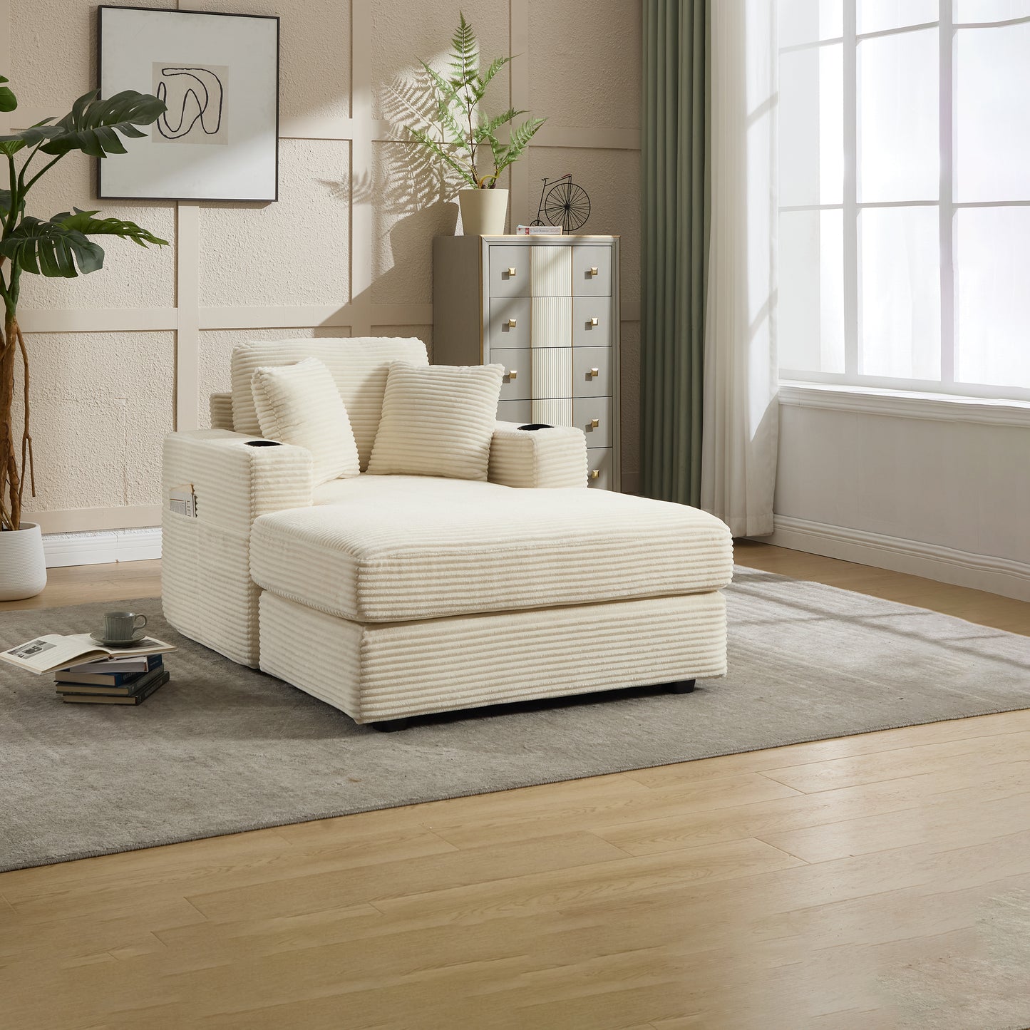 [New]Corduroy Upholstered Chaise Lounge Sofa,Magazine bag,Detachable Cushions Deep Seat for Living Room Office,3 colour image 2