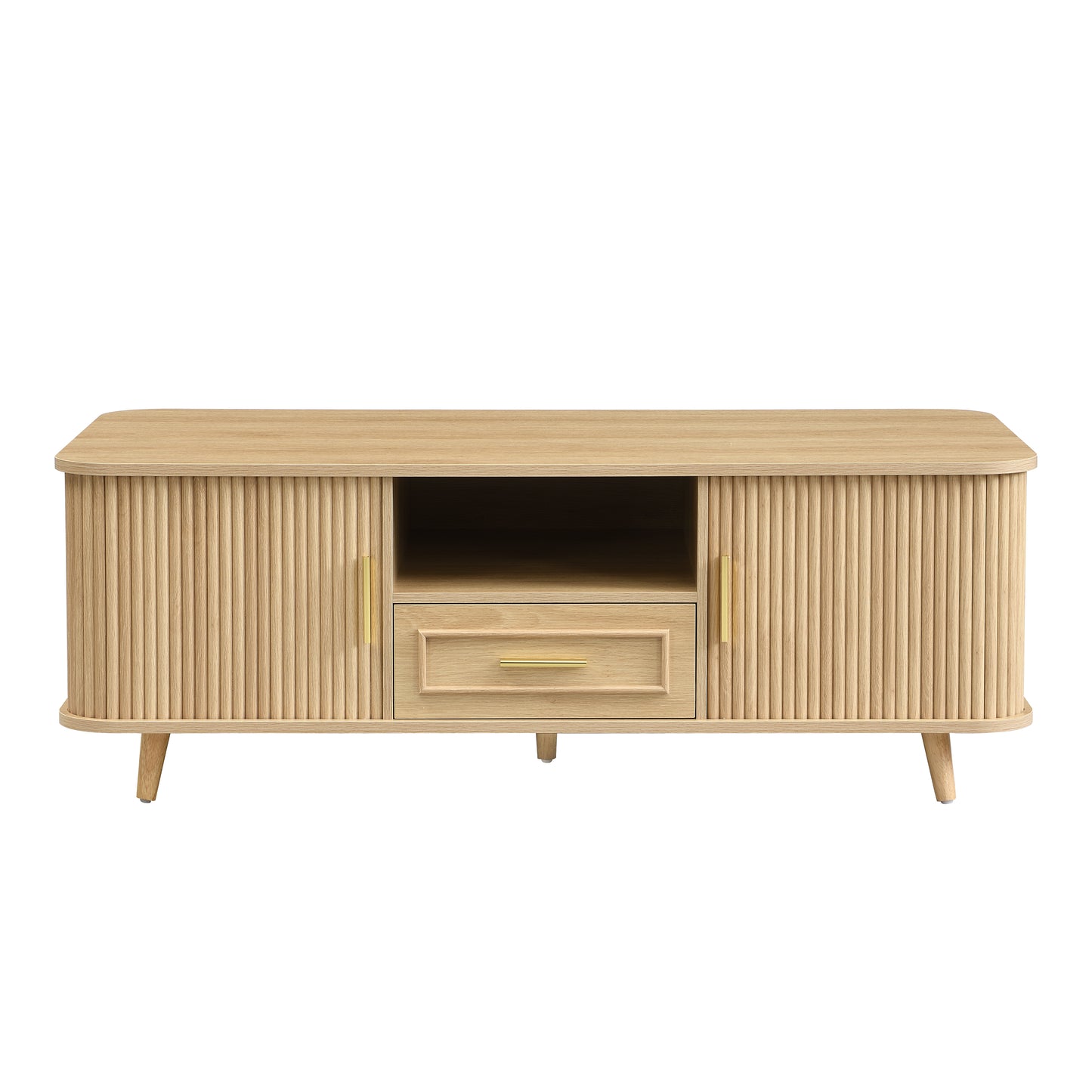 Mid-Century Modern Coffee Table with Storage: Natural Wood Finish, 2 Doors & 1 Drawer, For Living Room, Entertainment Center, Home Theater image 8