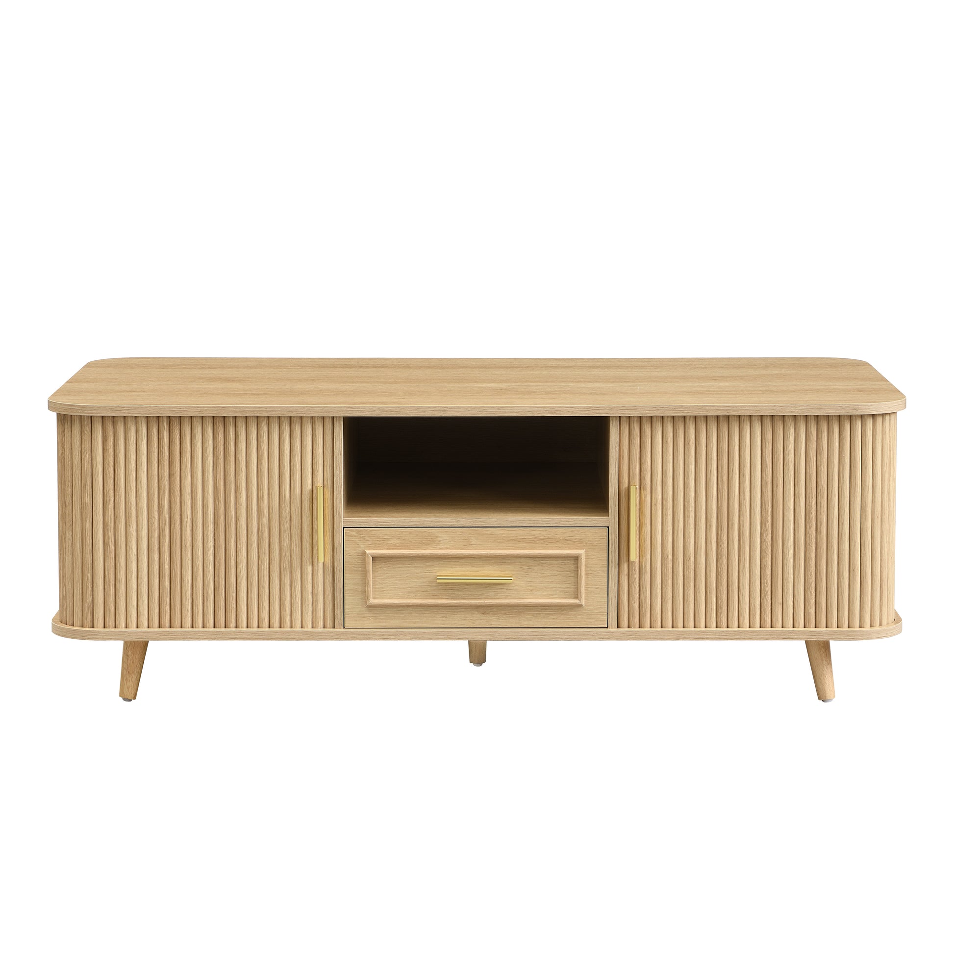 Mid-Century Modern Coffee Table with Storage: Natural Wood Finish, 2 Doors & 1 Drawer, For Living Room, Entertainment Center, Home Theater image 8