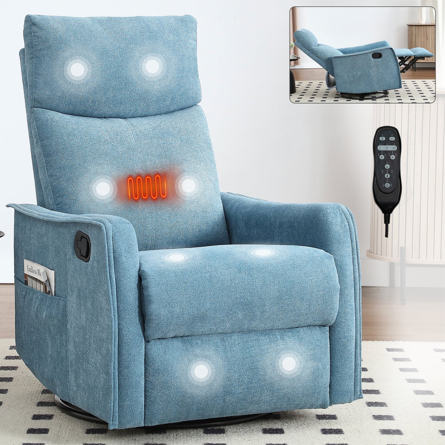Heat Massage Manual Recliner Chair with Rocker and Swivel in Fabric for Living Room, Blue image 1