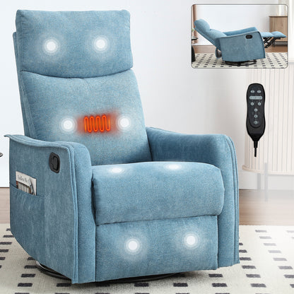 Heat Massage Manual Recliner Chair with Rocker and Swivel in Fabric for Living Room, Blue image 1