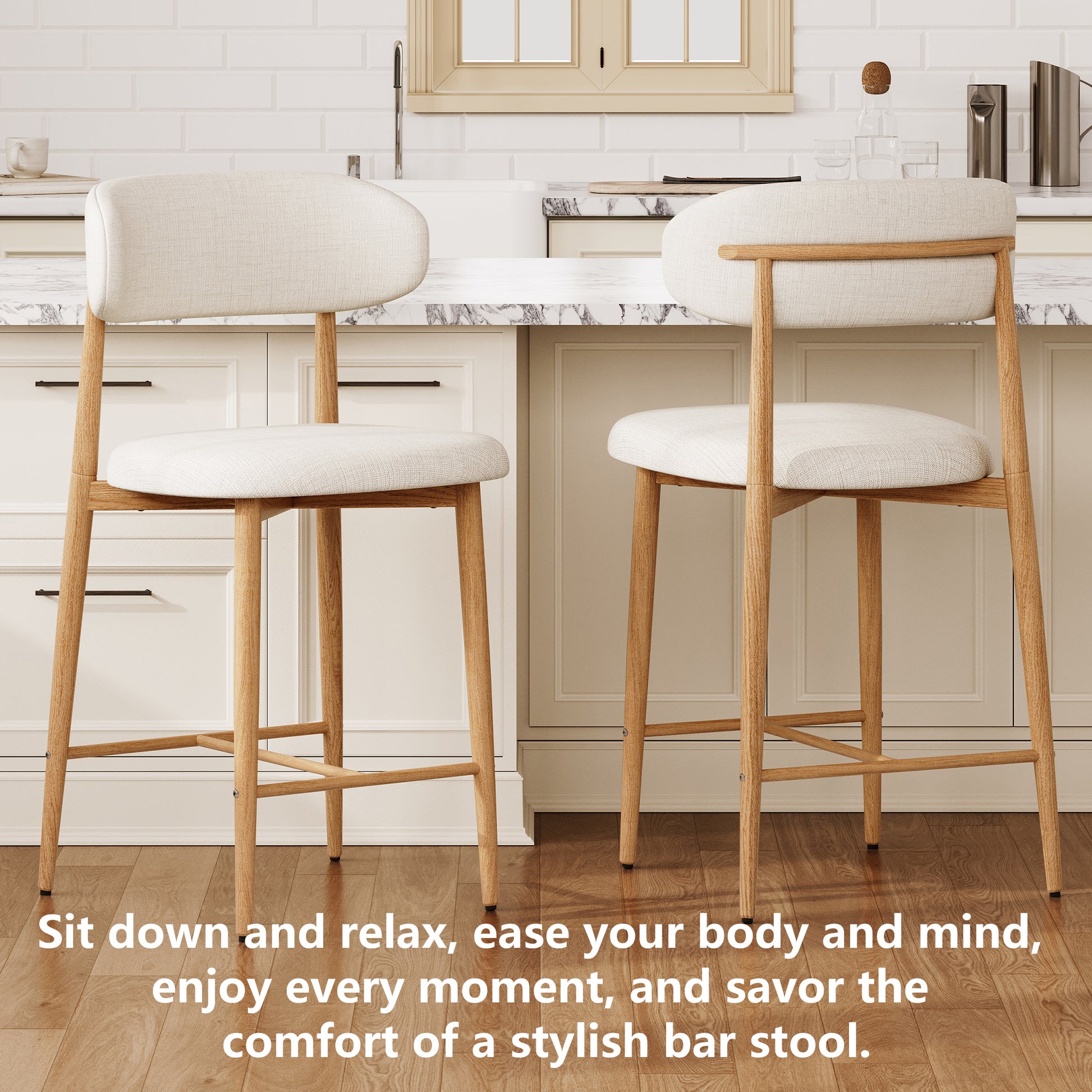 Counter Height Bar Stools Set of 2, Upholstered Counter Stools Modern Barstools with Metal Legs for Kitchen Island Dining Room, Beige image 4