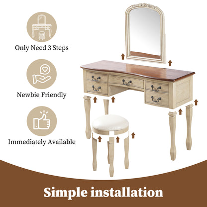 46" Vintage Makeup Vanity with Curved Flower Frame Mirror, Elegant Dressing Table with 5 Drawers and Leather Stool, Vanity Desk with Solid Wood Legs and Antique Handles for Bedroom image 4