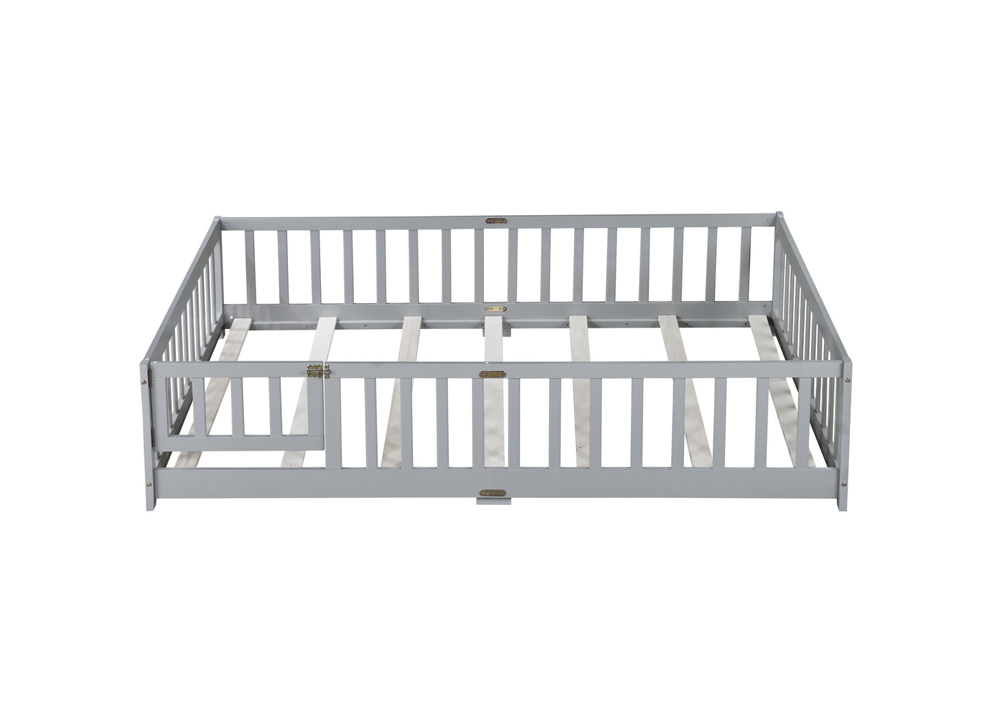 Full Size Floor Bed with Fence and Door,Rubber Wood Floor Bed with Safety Guardrails,Grey image 2