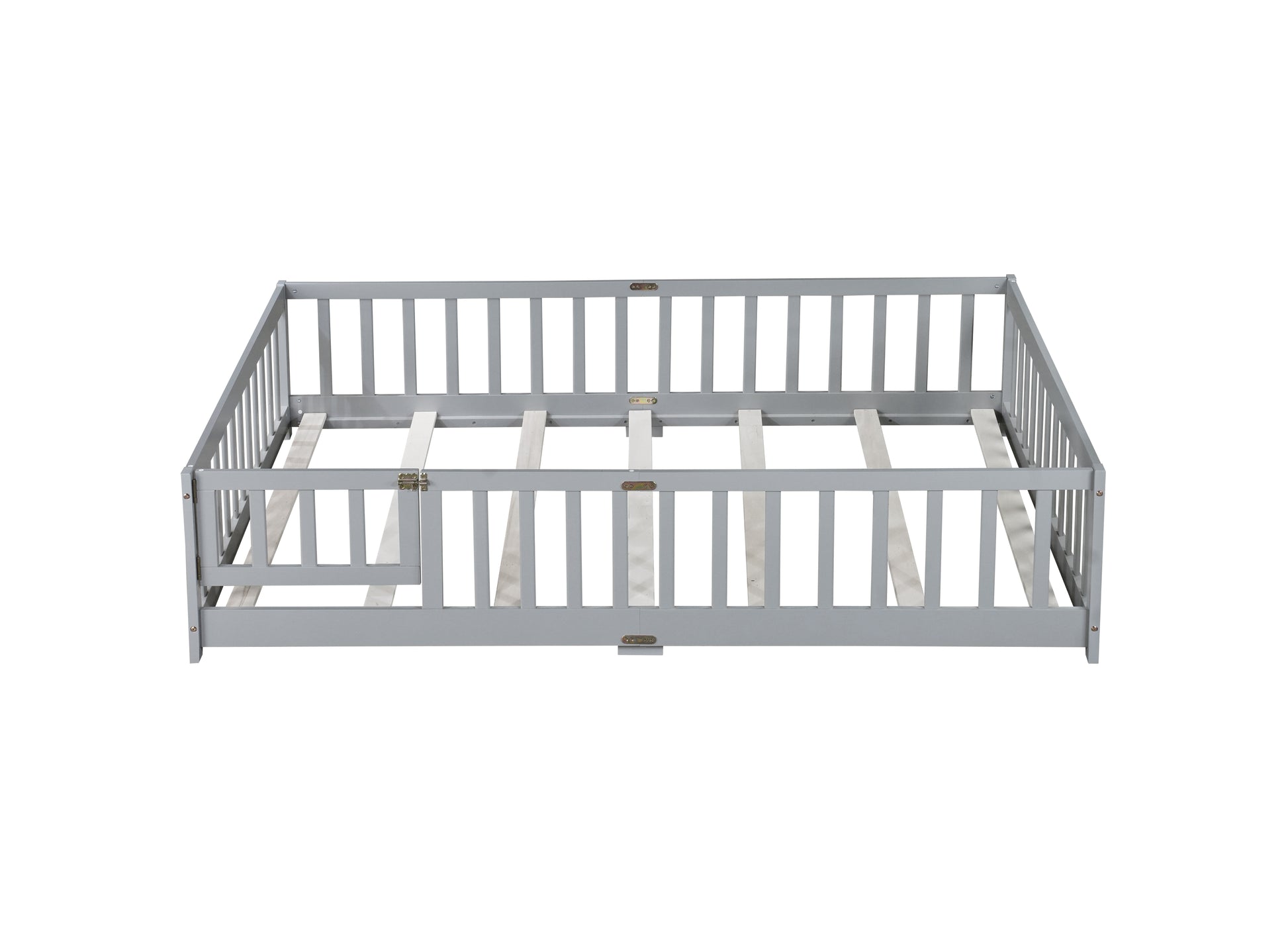 Full Size Floor Bed with Fence and Door,Rubber Wood Floor Bed with Safety Guardrails,Grey image 2