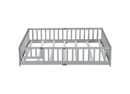 Full Size Floor Bed with Fence and Door,Rubber Wood Floor Bed with Safety Guardrails,Grey image 2