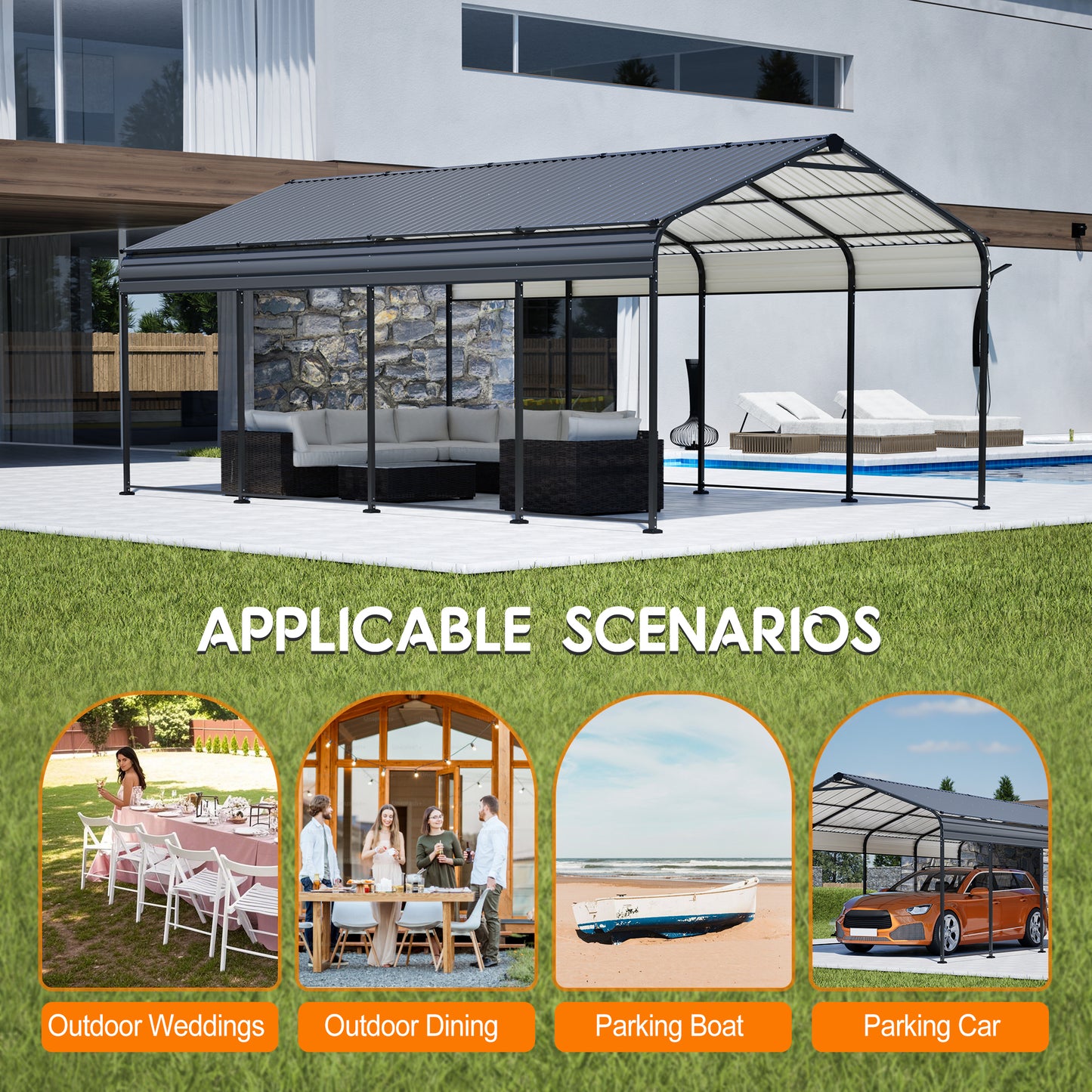 12X20 FT Metal Carport, Outdoor Car Shelter All Weather, Heavy Duty Outdoor Galvanized Car Shelter for Car Boat Truck and SUVs Black image 7