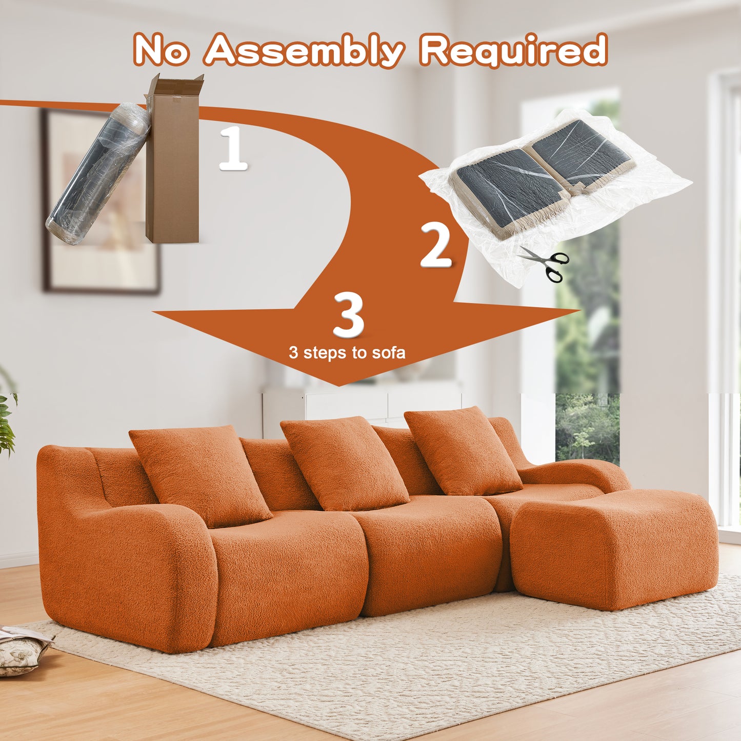Boneless Sofa,3 Seat High-Quality Teddy Fabric,Anti-Slip Design,No Assembly Curved Armrests Streamlined Design,Assembly Chaise 32D High Density Sponge For Living Rooms Bedrooms,Orange image 7