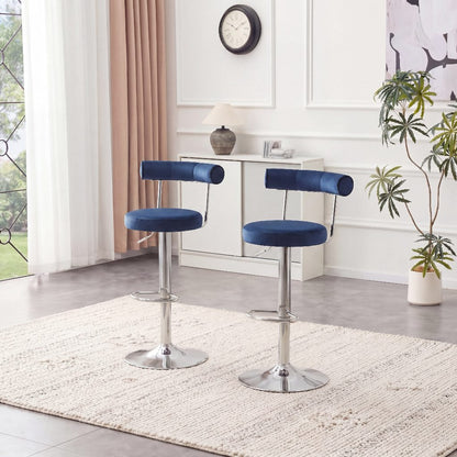 Soft Velvet Upholstered Swivel Adjustable Bar Chair with Chrome Silver Legs - Dining Room Living Room Bar Cafe Reception Desk Bar Stool(Dark Blue, Set of 2) image 1