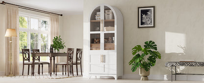 K&K 71" Tall Arched Kitchen Pantry Cabinet with Door Shelves, Farmhouse Kitchen Storage Cabinet with Open & Adjustable Shelves, Hidden Drawer & Glass Door, Cupboard for Kitchen, Dining Room, White image 12