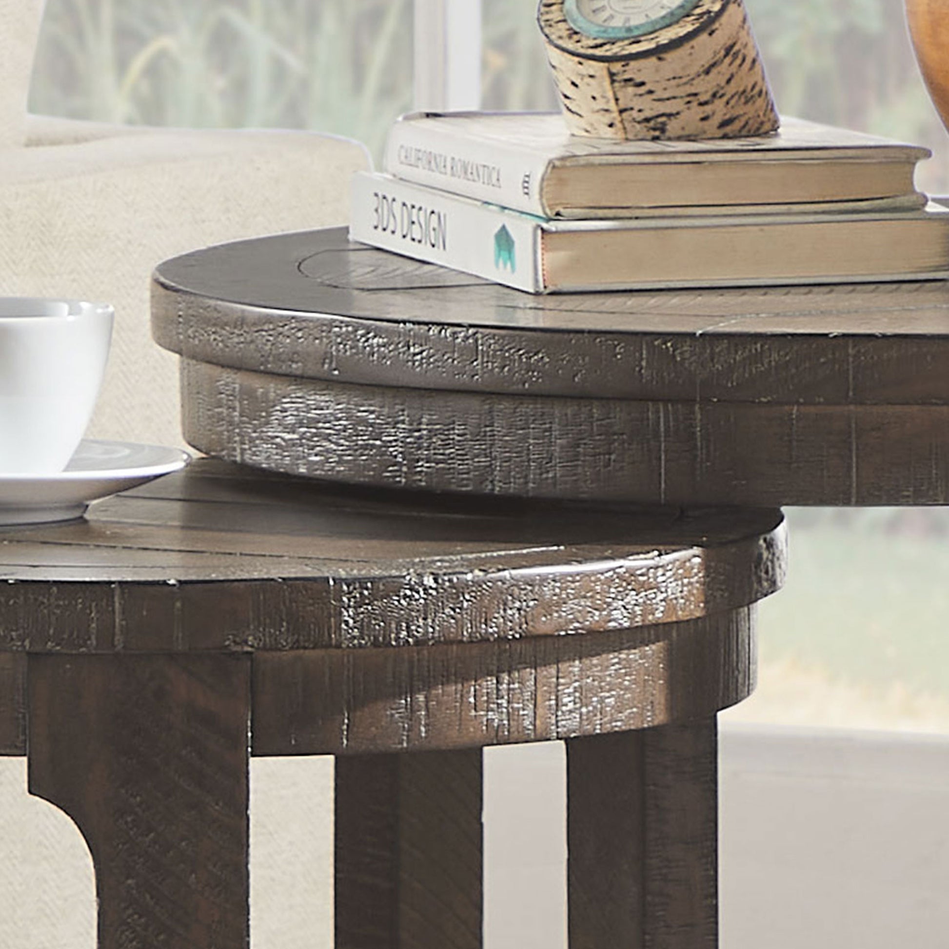 24 inch 2PCS Curved Traditional Round Circle Wooden Coffee Table Set,Mid Century Rustic Style Side Table,End Table for living Room,Office,Apartmen,Drak Brown image 10
