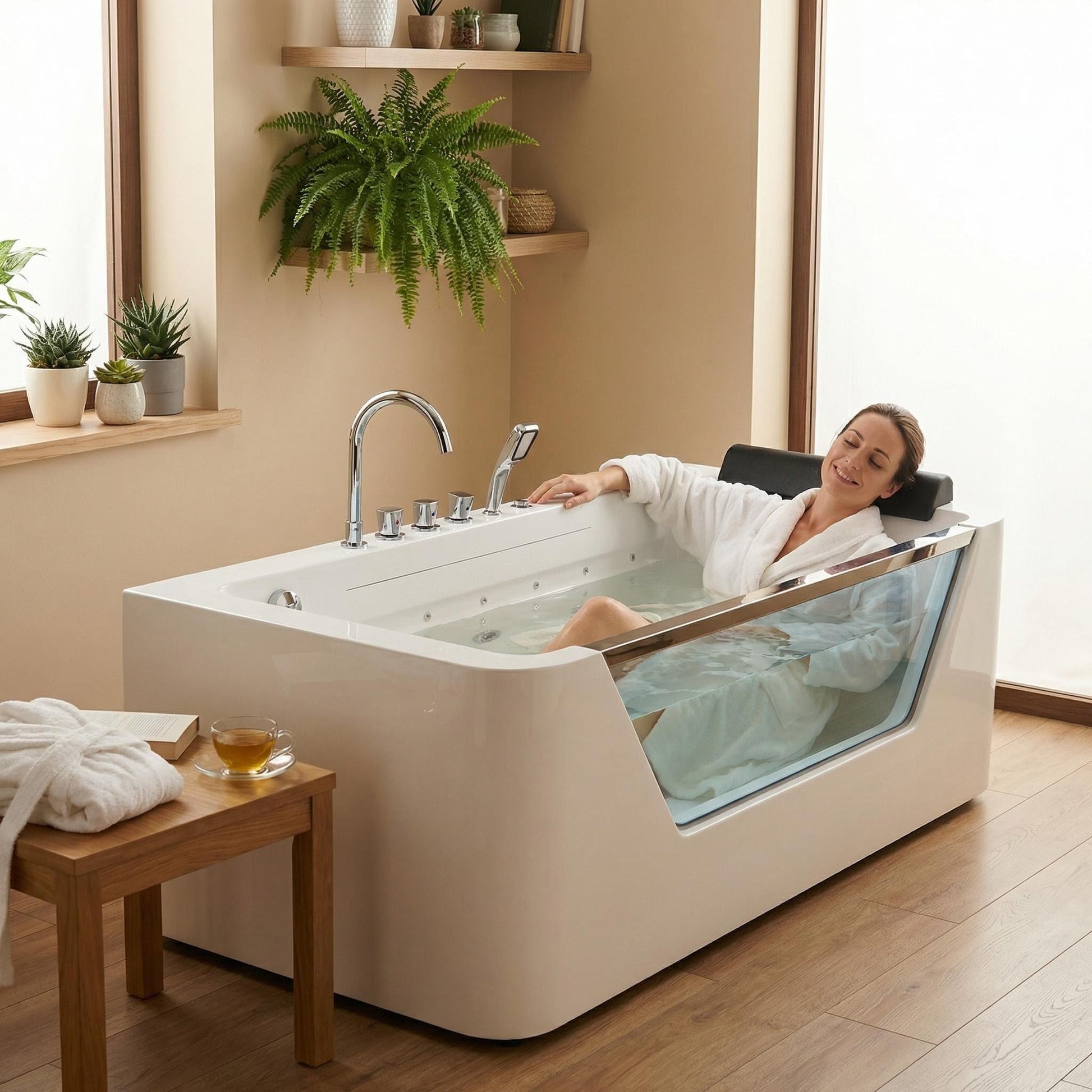 67" Whirlpool Bathtub,Hydrotherapy Jetted Bathtub with Glass Panel, 7 Jets,3-Side Apron,89 Gallons,White image 1