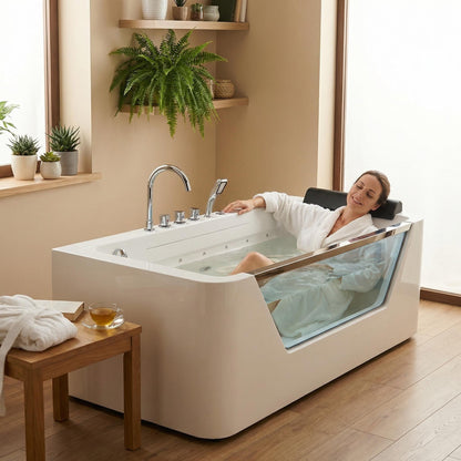 67" Whirlpool Bathtub,Hydrotherapy Jetted Bathtub with Glass Panel, 7 Jets,3-Side Apron,89 Gallons,White image 1