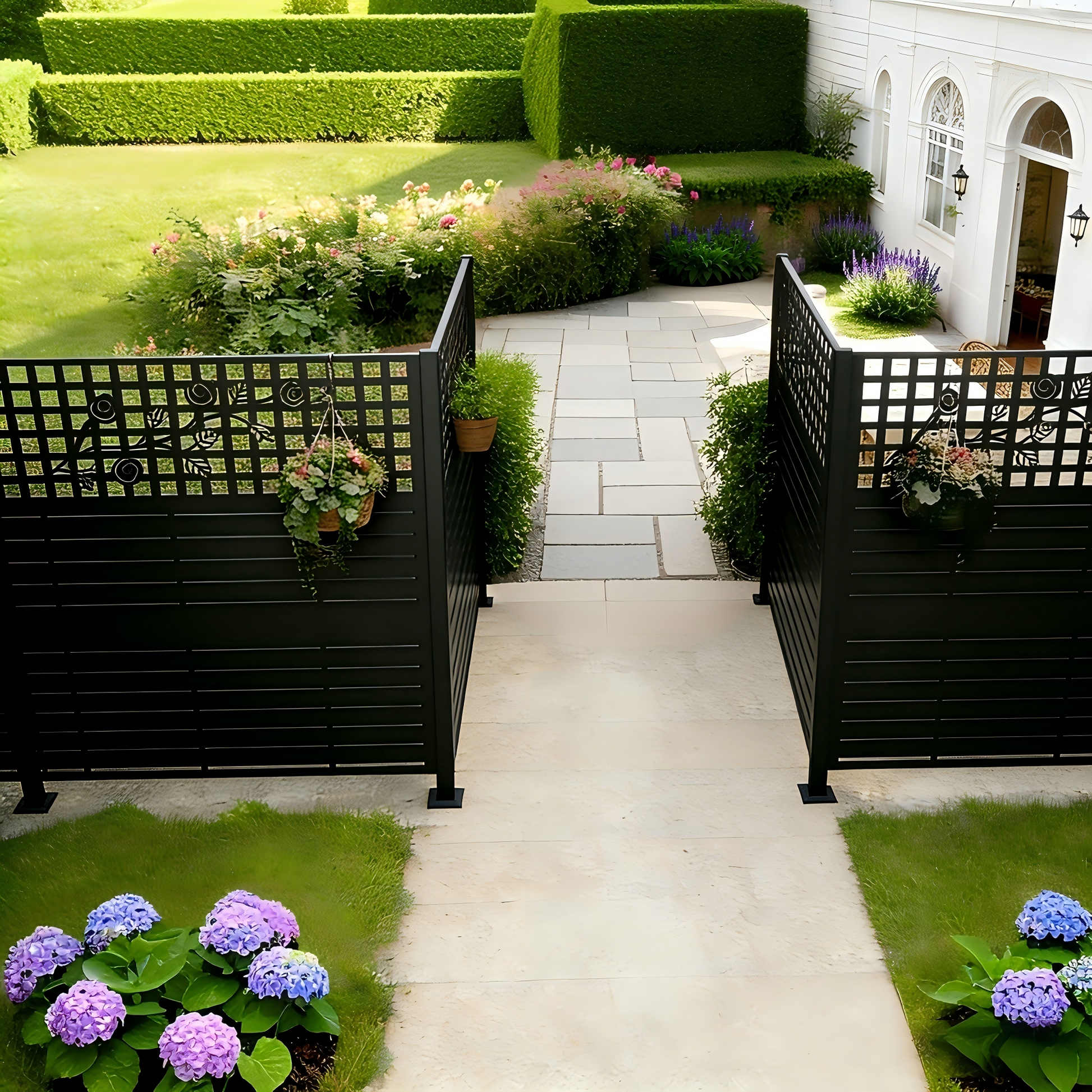 W48'' x H47.3'' x 2 Panels Metal Privacy Screen, Outdoor Privacy Panels, Trash Can Enclosure, Air Conditioner Fence, Pool Equipment Enclosure, Backyard Fencing, Rose Black image 6