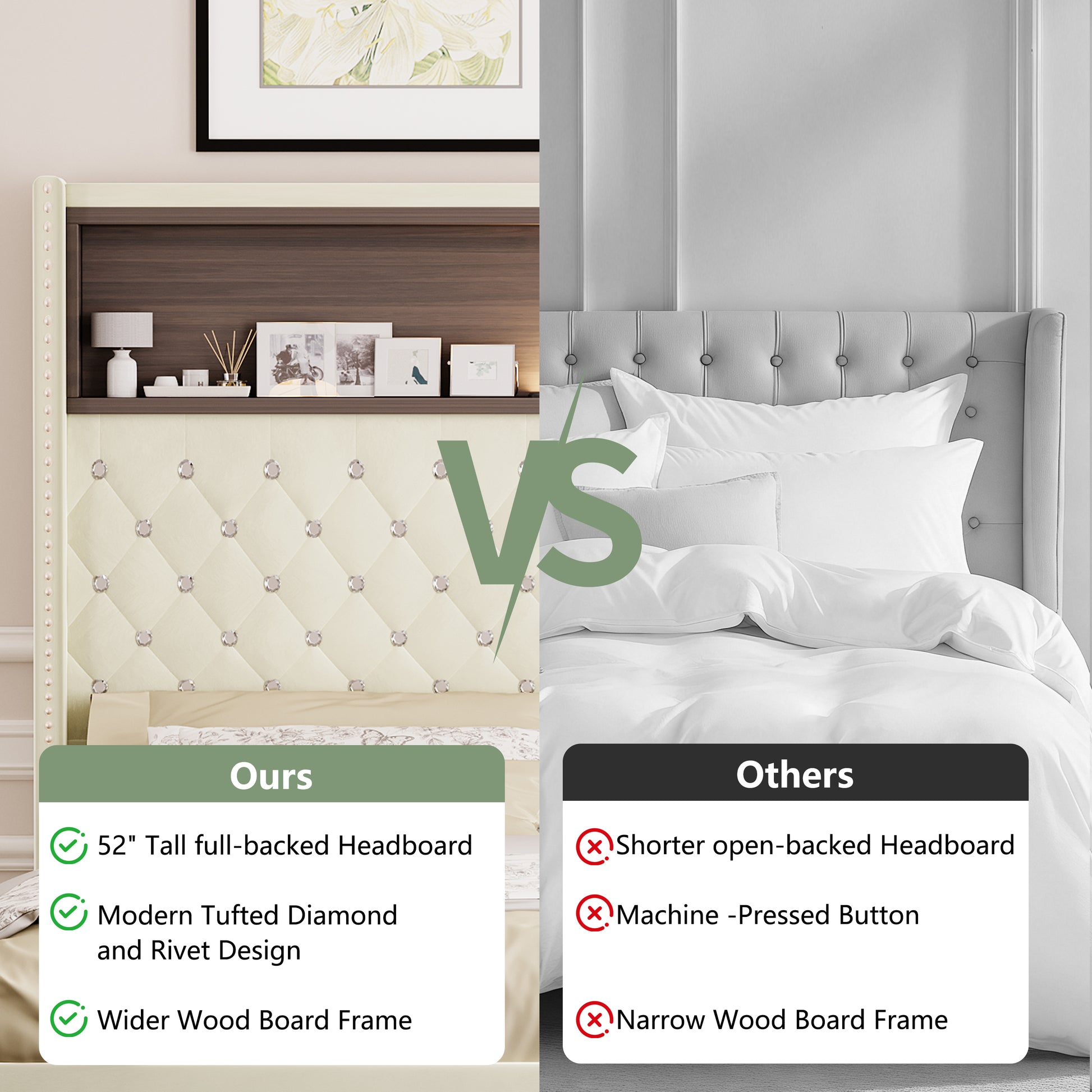 Full Size Velvet Tufted Soft Bed Frame with USB Port and Night Light,52''High Headboard with Rivet Decoration,Wing-back Platform Bed with Headboard Shelf,Beige image 5