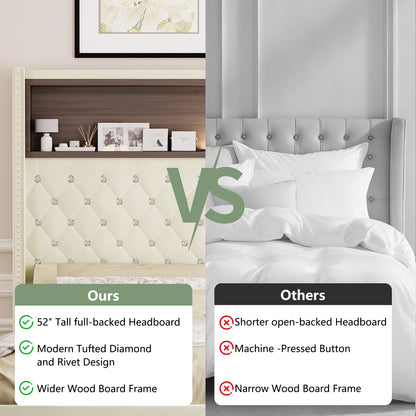 Full Size Velvet Tufted Soft Bed Frame with USB Port and Night Light,52''High Headboard with Rivet Decoration,Wing-back Platform Bed with Headboard Shelf,Beige image 5