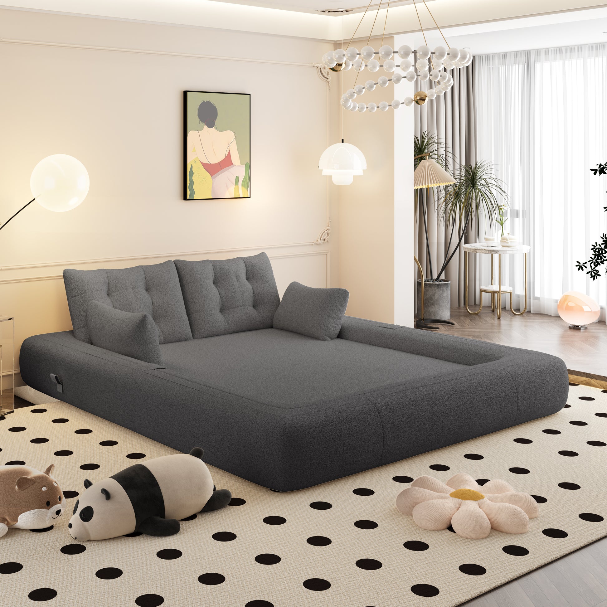 Human Dog Bed, Lazy Sofa Couch, 78.7" Multi-Functional Foldable Sofa Bed, 3-in-1 Sherpa Fleece Fabric Foam-Filled Sleeper Sofa Bed for Living Room,Guest Bed,Playroom,GREY image 3