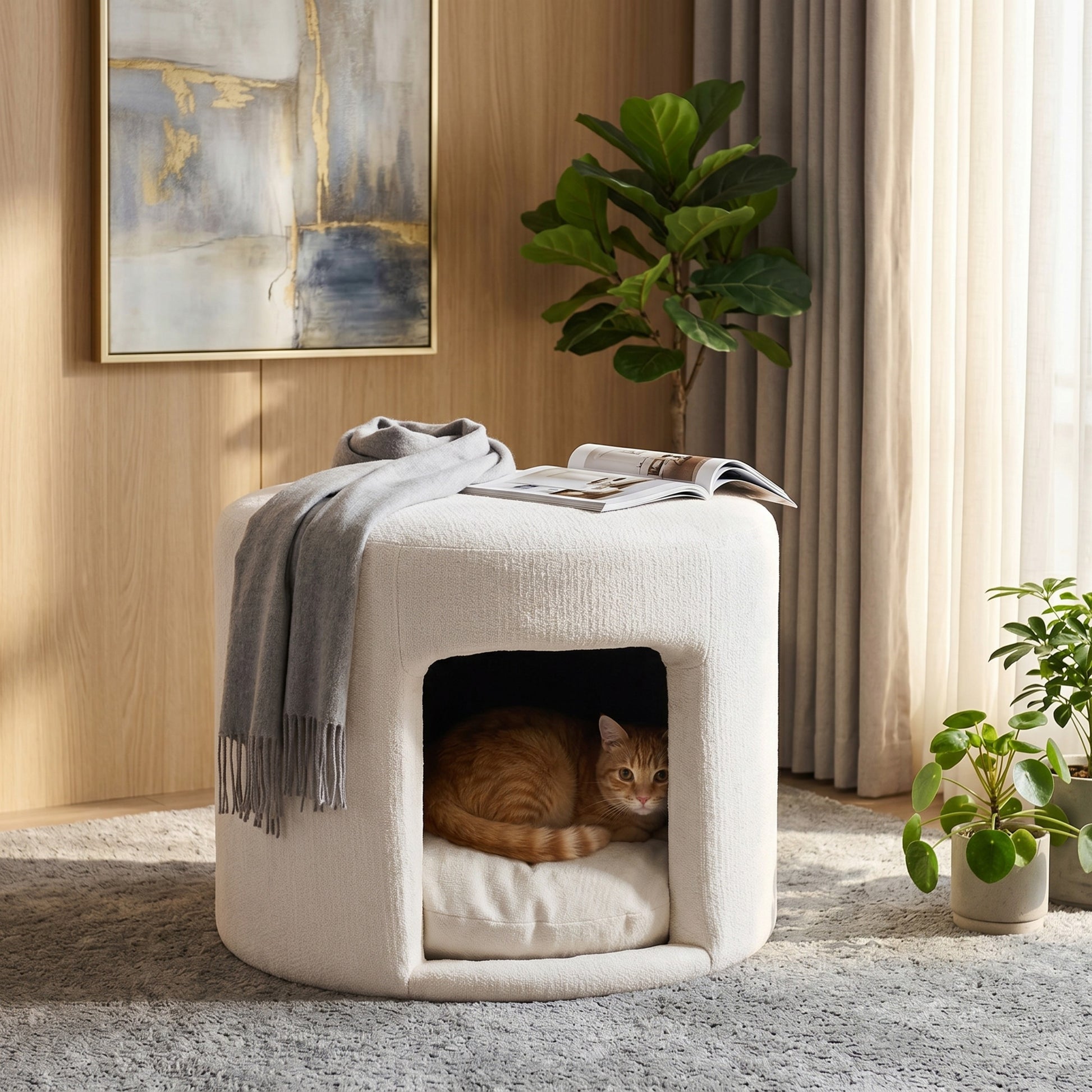 Beige pet friendly ottoman with hidden pet nook - alternate view