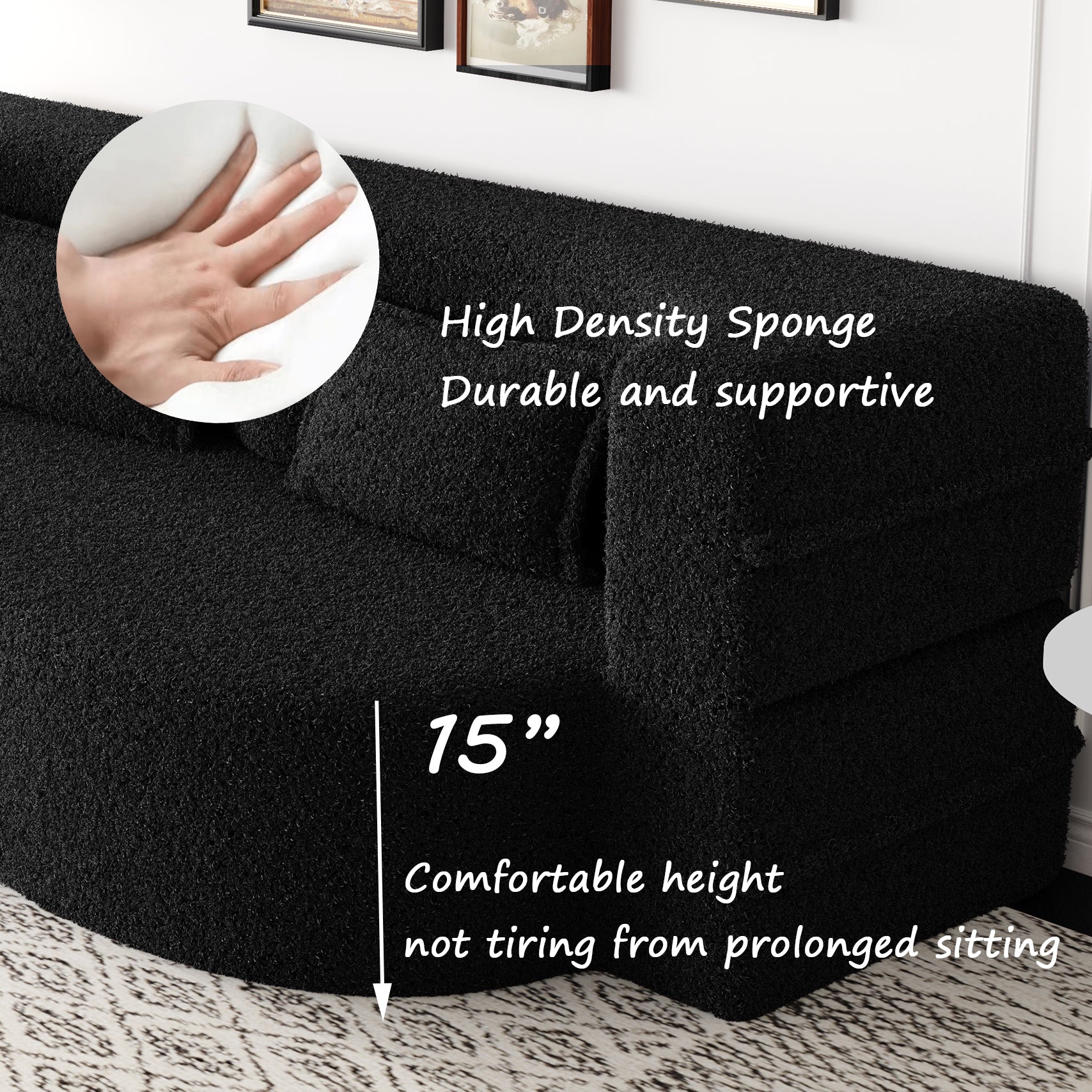 Modern Floor Sofa with 2 Pillows,Convertible Sherpa Fleece Fabric Foam-Filled Sleeper Sofa Bed,15" Full Size Folding Mattress for Living Room,Guest Bed,no assembly required,Black(SameW1885P2722) image 8