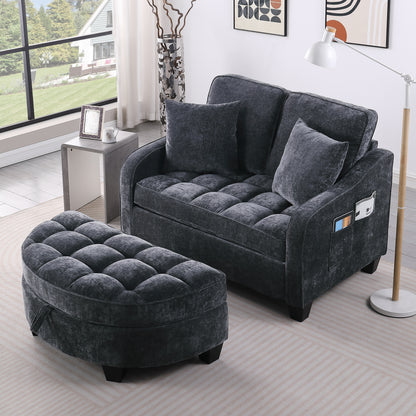 Two-seater sofa, double sofa chaise longue, with irregular armrests and backrests, footrest with storage space, comes with two small throw pillows, suitable for living room and bedroom - Black image 3