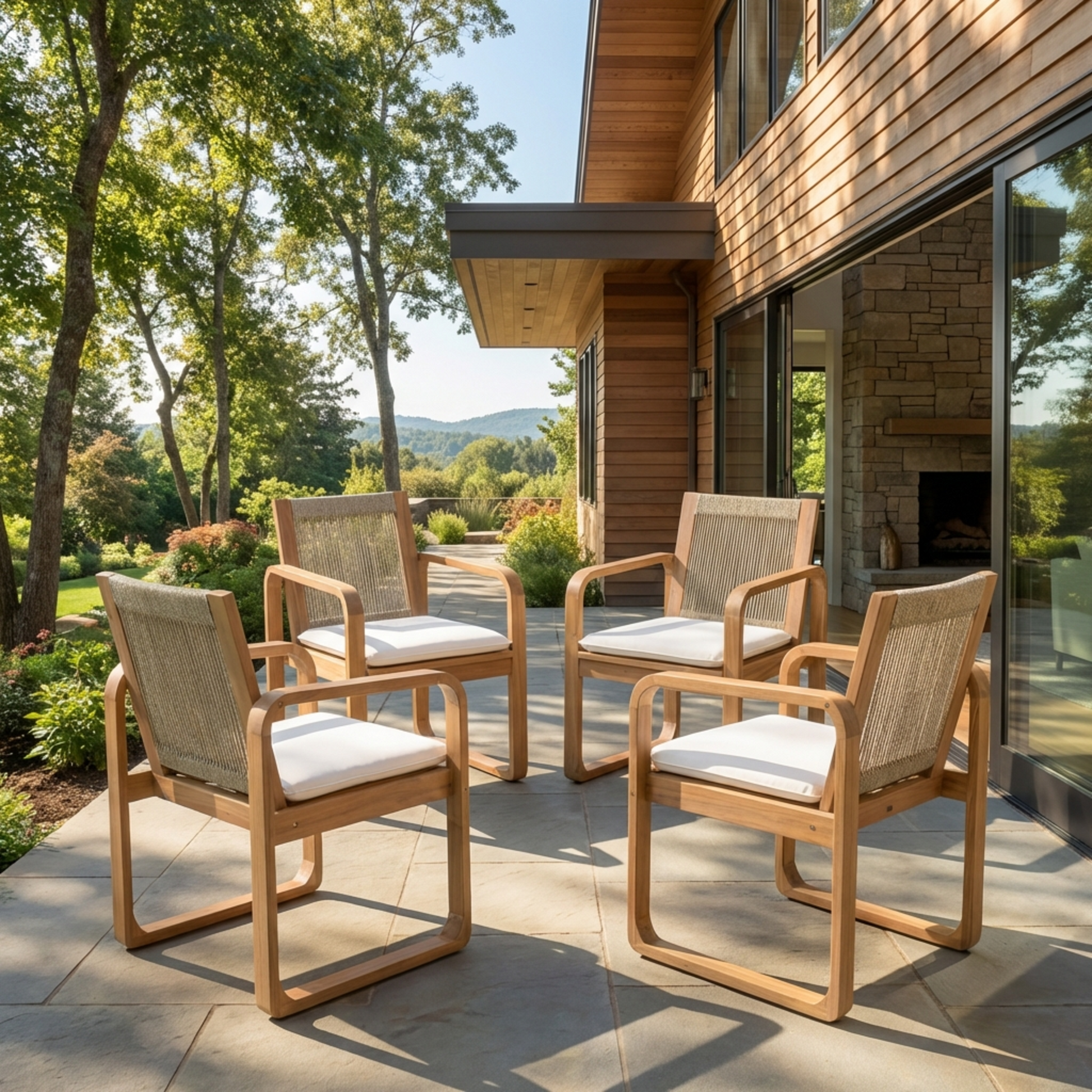 2-Piece Outdoor Dining Chairs Set: Acacia Wood with Multi Brown Rope Back & Beige Cushion, Water Repellent Fabric, 400 lbs Capacity, Light Teak Finish image 7