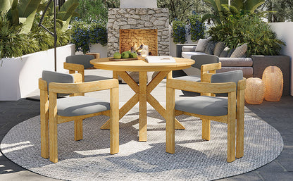 5-Piece Outdoor Acacia Wood Round Dining Set, Solid Wood Patio Table with 4 Barrel Chairs, Cushioned Seats & Backs, Modern Garden Conversation Set, Gray Cushion image 11