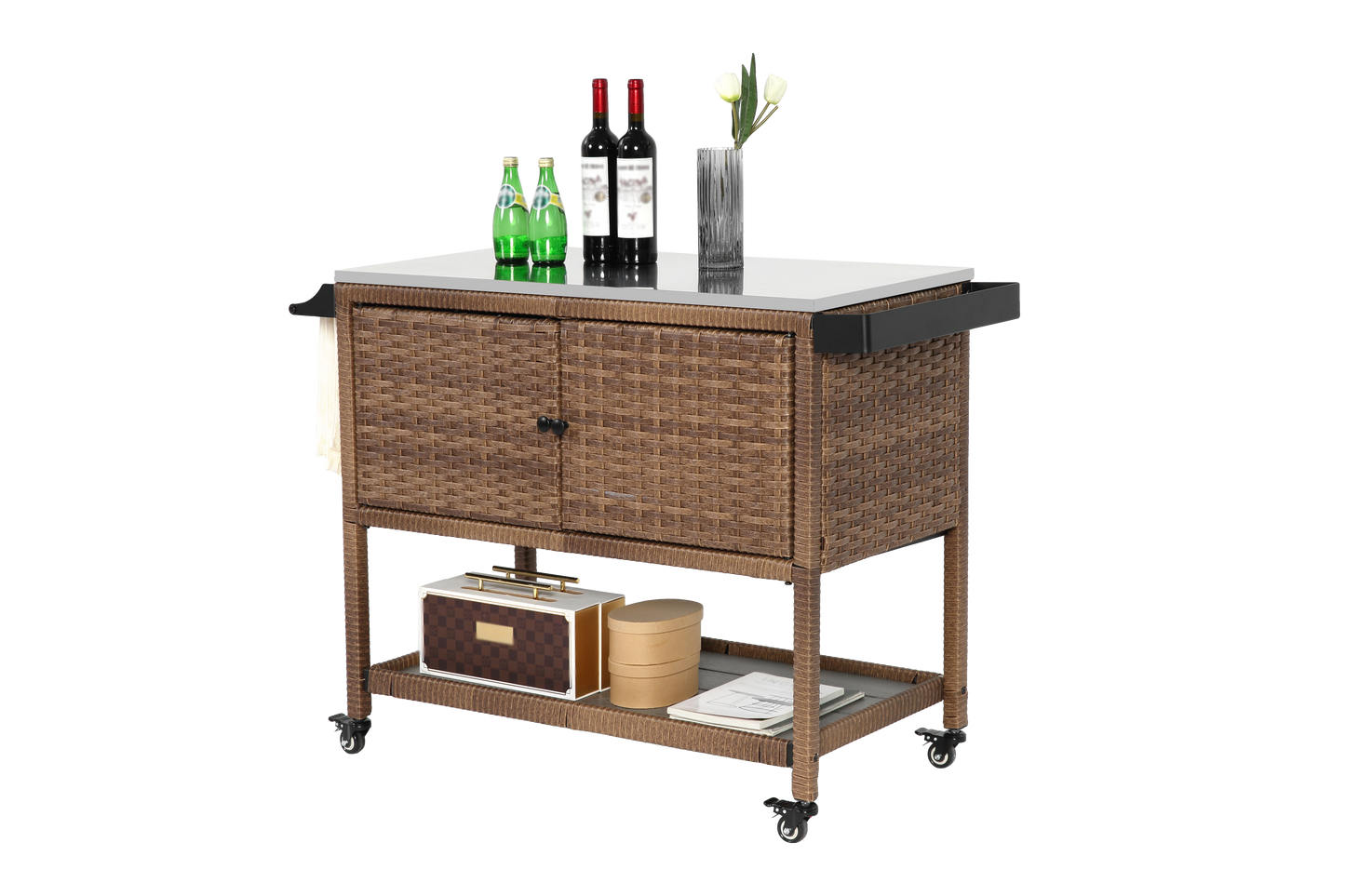 Outdoor Wicker Bar Cart, Patio Wine Serving Cart w/Wheels, Rolling Rattan Beverage Bar Counter Table with stainless steel Top for Porch Backyard Garden Poolside Party, Brown image 11