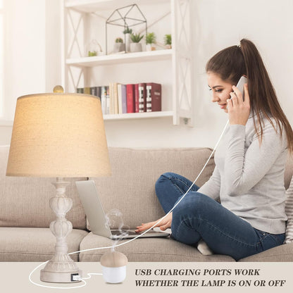 Touch Control Coastal Farmhouse Table Lamp Set of 2, 3-Way Dimmable Bedside Lamp with 2 USB Charging Ports, French Country Style Nightstand Lamp for Living Room, Bedroom - Washed White image 5