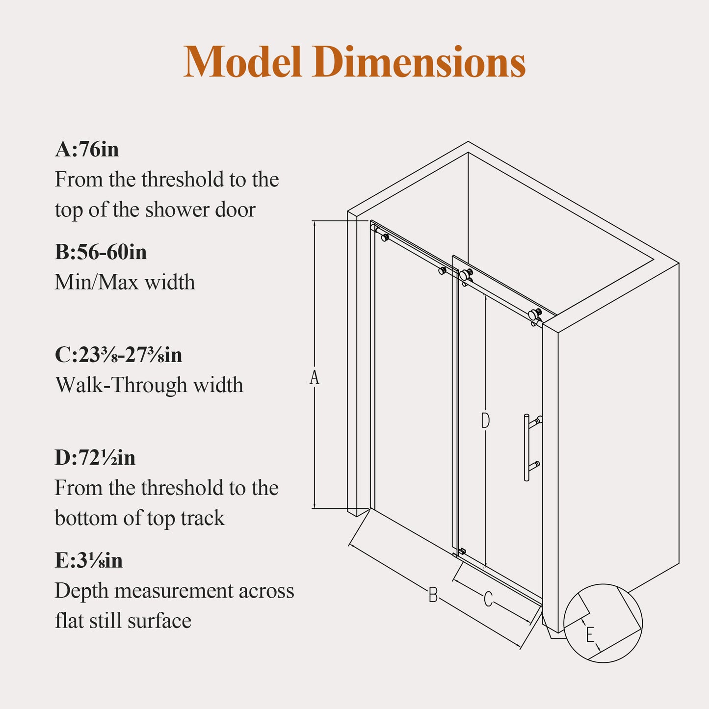 56-60" W * 76" H Stainless Steel Round Tube Frameless Single Sliding Shower Door, 1/4"-thick (6mm) SGCC Clear Tempered Glass Door, Reversible Installation, Matte Black image 8