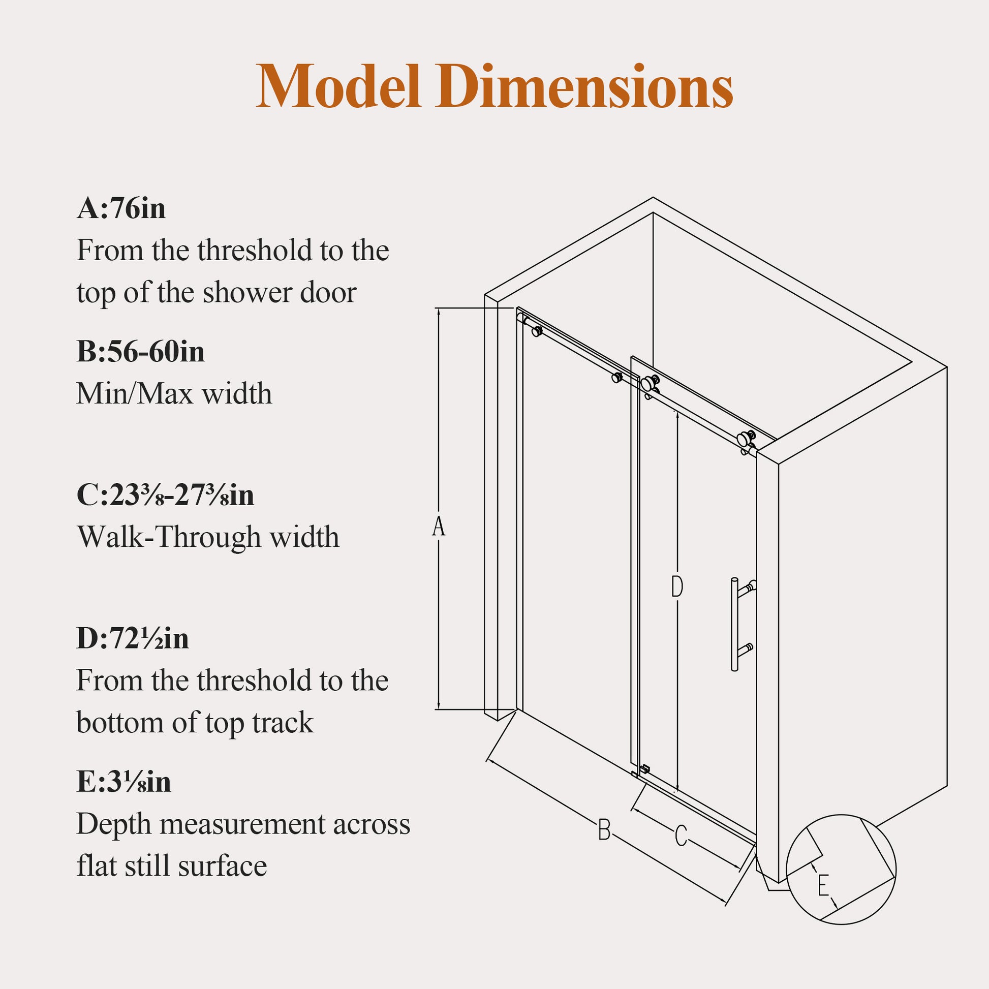 56-60" W * 76" H Stainless Steel Round Tube Frameless Single Sliding Shower Door, 1/4"-thick (6mm) SGCC Clear Tempered Glass Door, Reversible Installation, Matte Black image 8