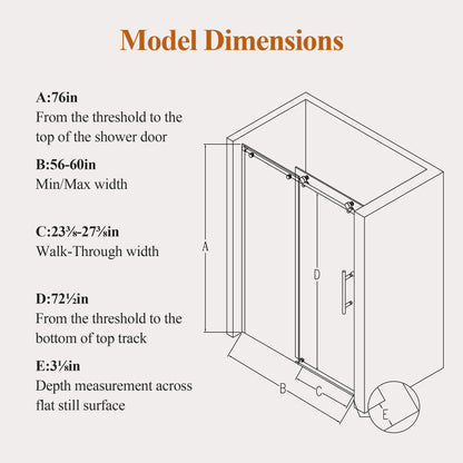 56-60" W * 76" H Stainless Steel Round Tube Frameless Single Sliding Shower Door, 1/4"-thick (6mm) SGCC Clear Tempered Glass Door, Reversible Installation, Matte Black image 8
