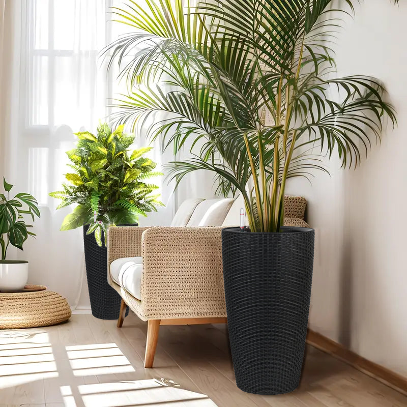 Set of 2 Faux Rattan Tall Planters Outdoor Indoor Large Planters with Water Level Monitor Inner Bucket, Automatic Watering, Flower Plant Pots for Garden, Patio, Porch, Backyard (Black, 22 inch) image 8