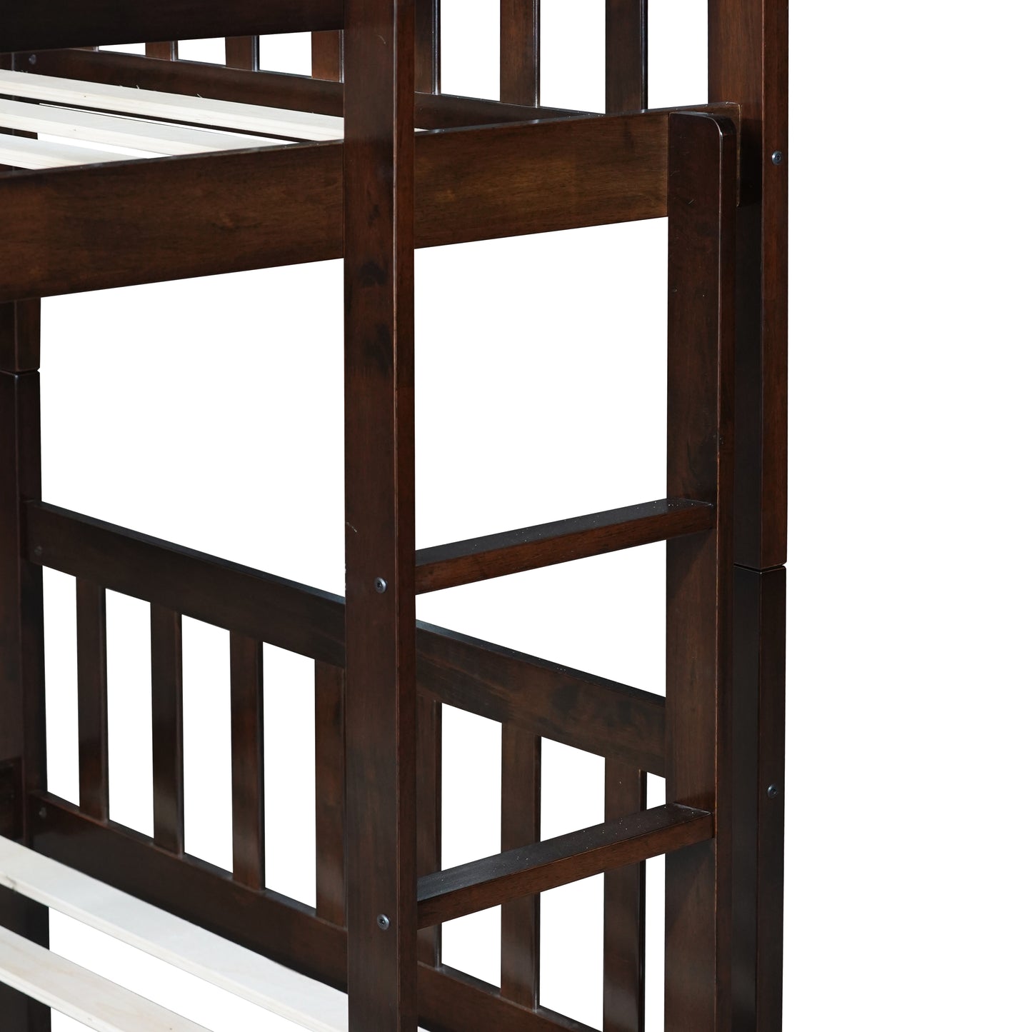 Twin Over Twin Rubber Wood Bunk Bed with Trundle, Convertible into Twin Size Beds, Twin Size Bunk Bed with Ladder and Safety Guardrails,Espresso image 7