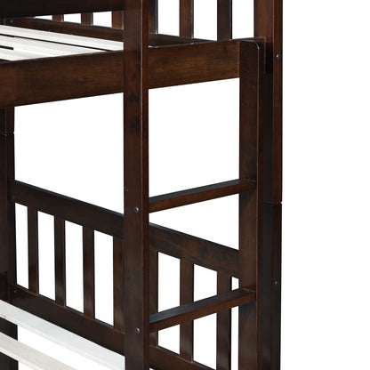 Twin Over Twin Rubber Wood Bunk Bed with Trundle, Convertible into Twin Size Beds, Twin Size Bunk Bed with Ladder and Safety Guardrails,Espresso image 7