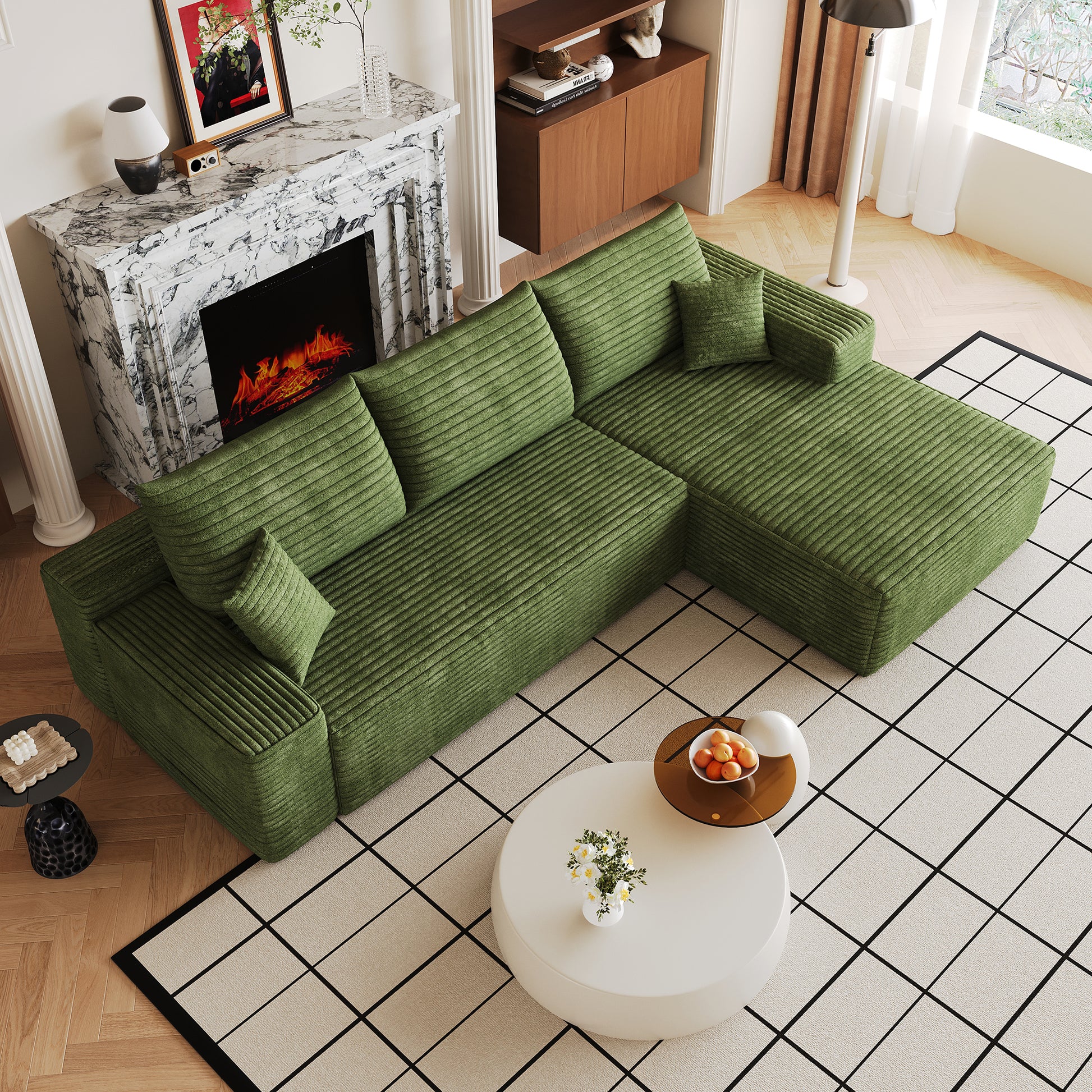 107" Cloud Sectional Couch with L-Shape Chaise,Modern Modular Sofa with Deep Seat, Upholstered Couches for Living Room Bedroom,No Assembly Required, (Plush Corduroy Fabric),Green image 3