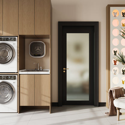 32" X 80"1-Lite Frosted Glass Interior Door for Pantry, Laundry, Closet, kitchen, Bypass, Pocket Slab Door w/o Hardware,Black image 1