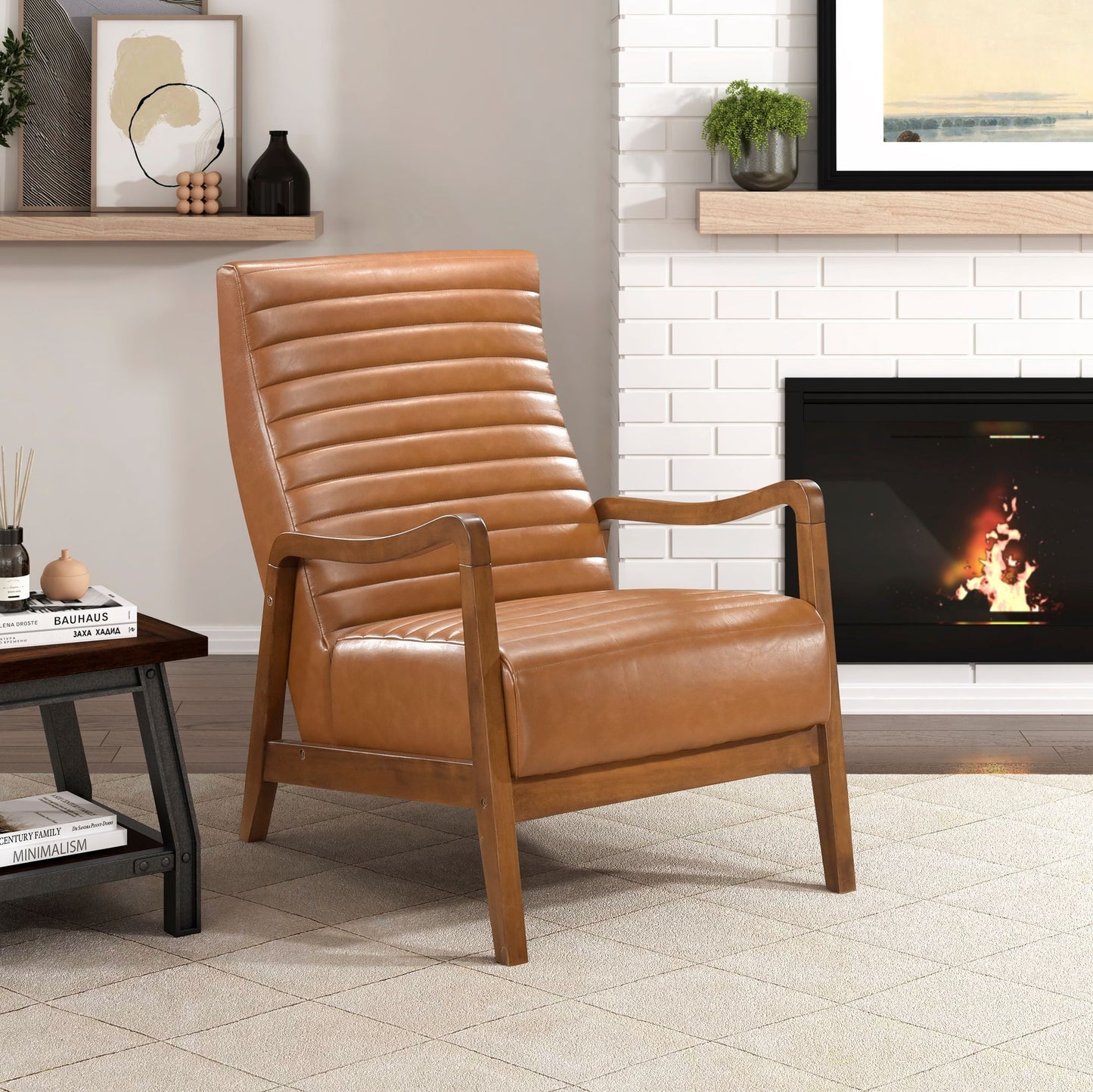 1pc Accent Chair Brown Faux Leather Walnut Finish Solid Rubberwood Modern Living Room Furniture image 1