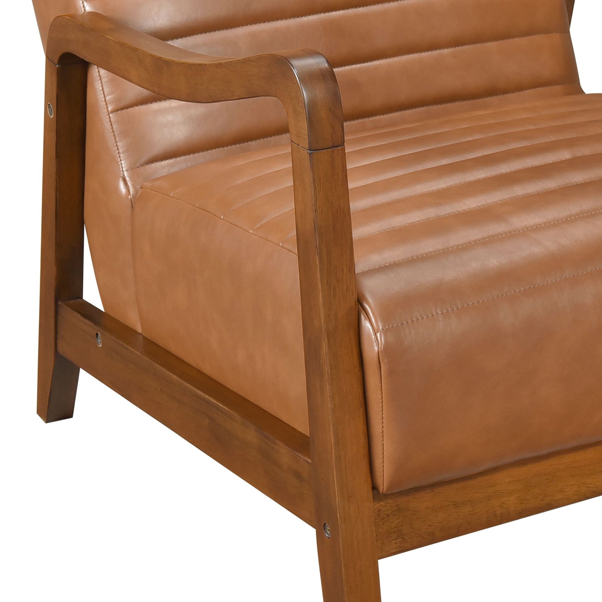 1pc Accent Chair Brown Faux Leather Walnut Finish Solid Rubberwood Modern Living Room Furniture image 3