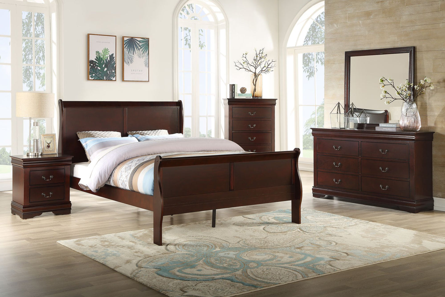 1pc Cherry Finish Five Drawers Louis Philip Chest Solid Wood Contemporary Sleek Ample Storage image 4