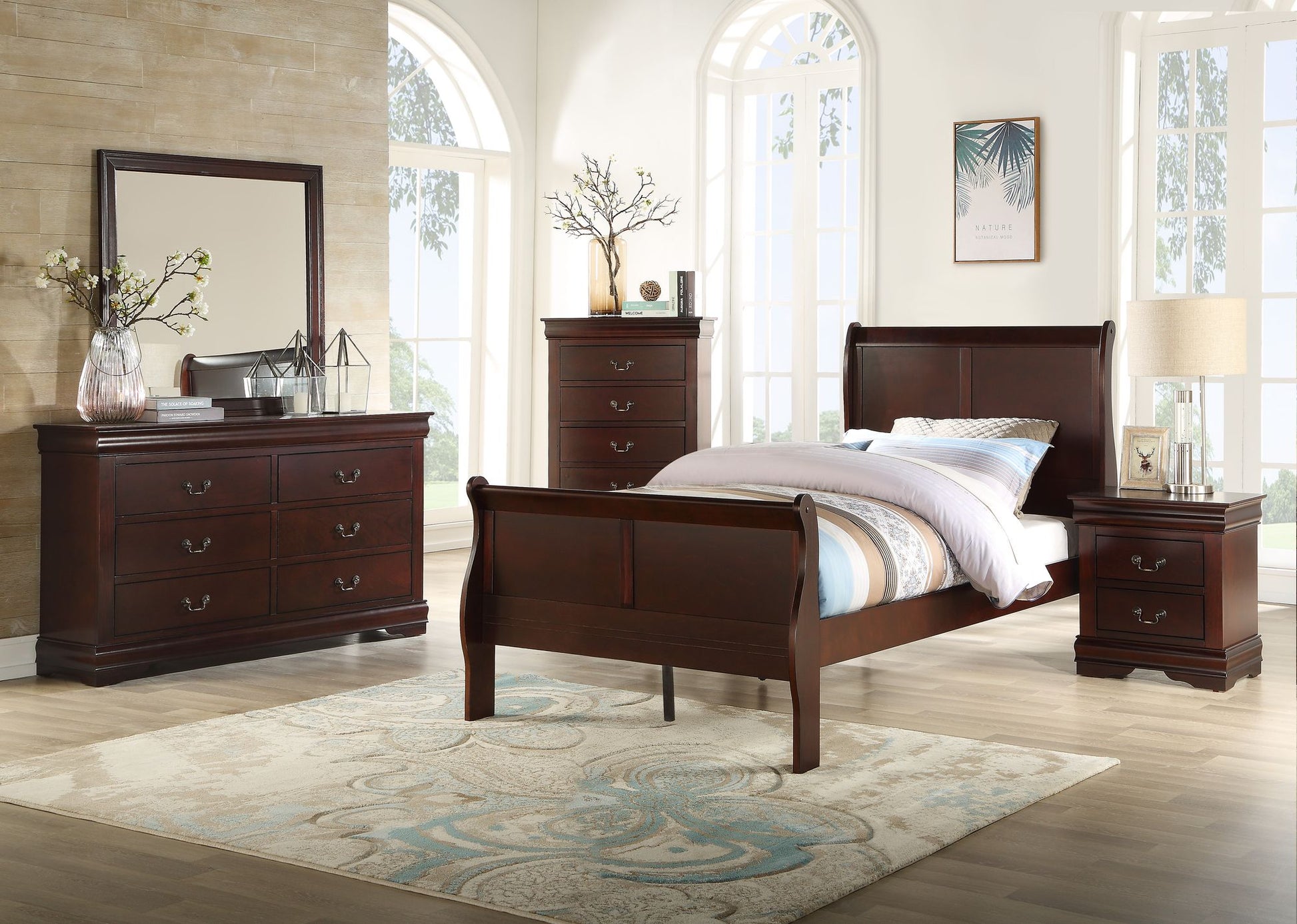 1pc Cherry Finish Five Drawers Louis Philip Chest Solid Wood Contemporary Sleek Ample Storage image 5