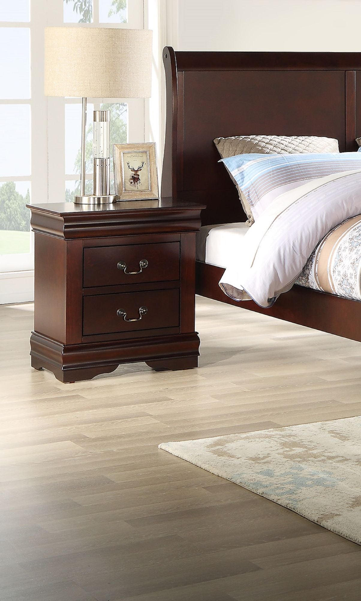 1pc Cherry Finish Two Drawers Louis Philip Nightstand Solid Wood Contemporary & Simple Style image 1