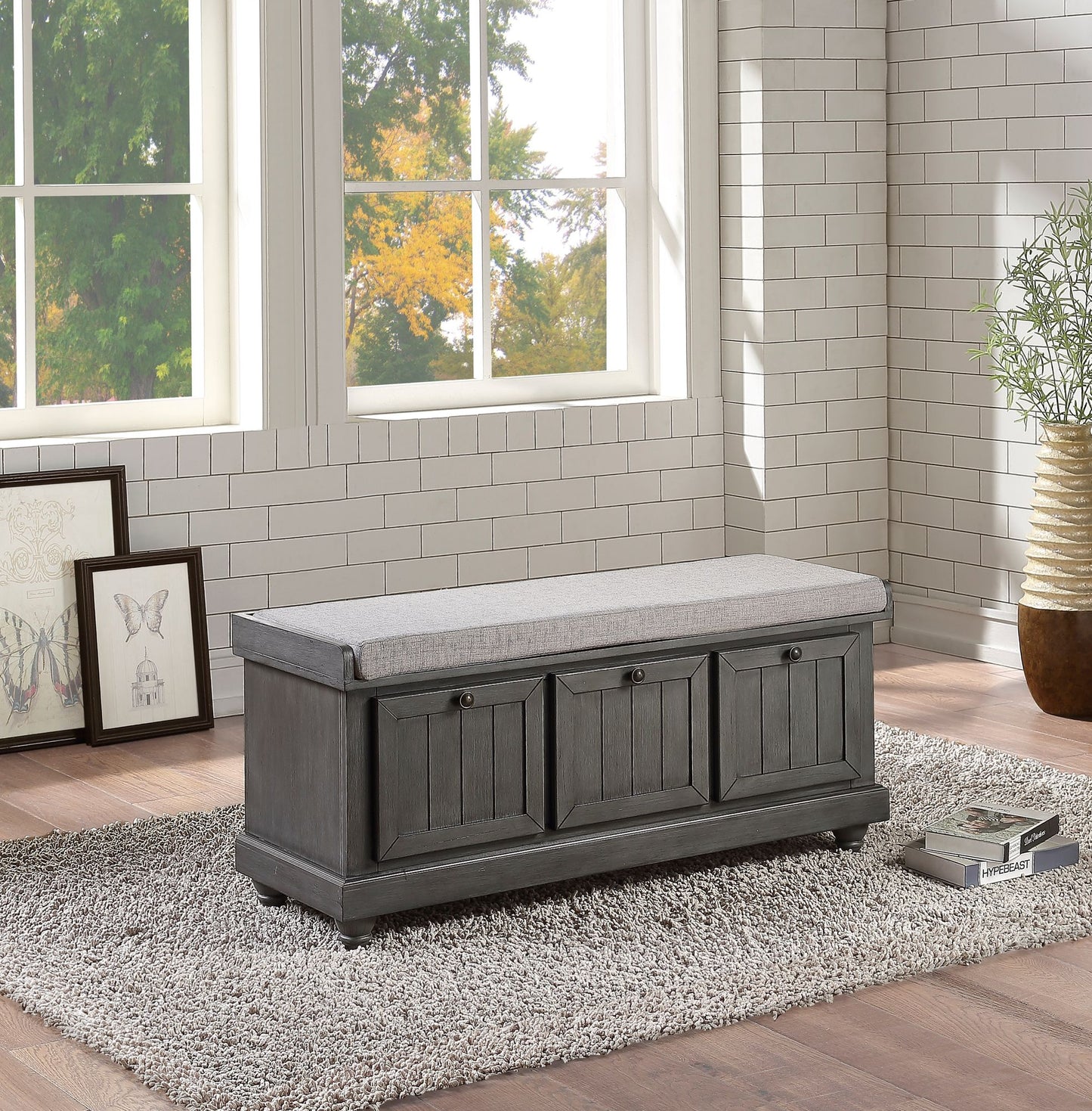 1pc Durable Storage Bench Dark Gray Finish Foam Cushioned Seat Upholstery Flip-Top Seat Solid Wood Home Furniture image 1