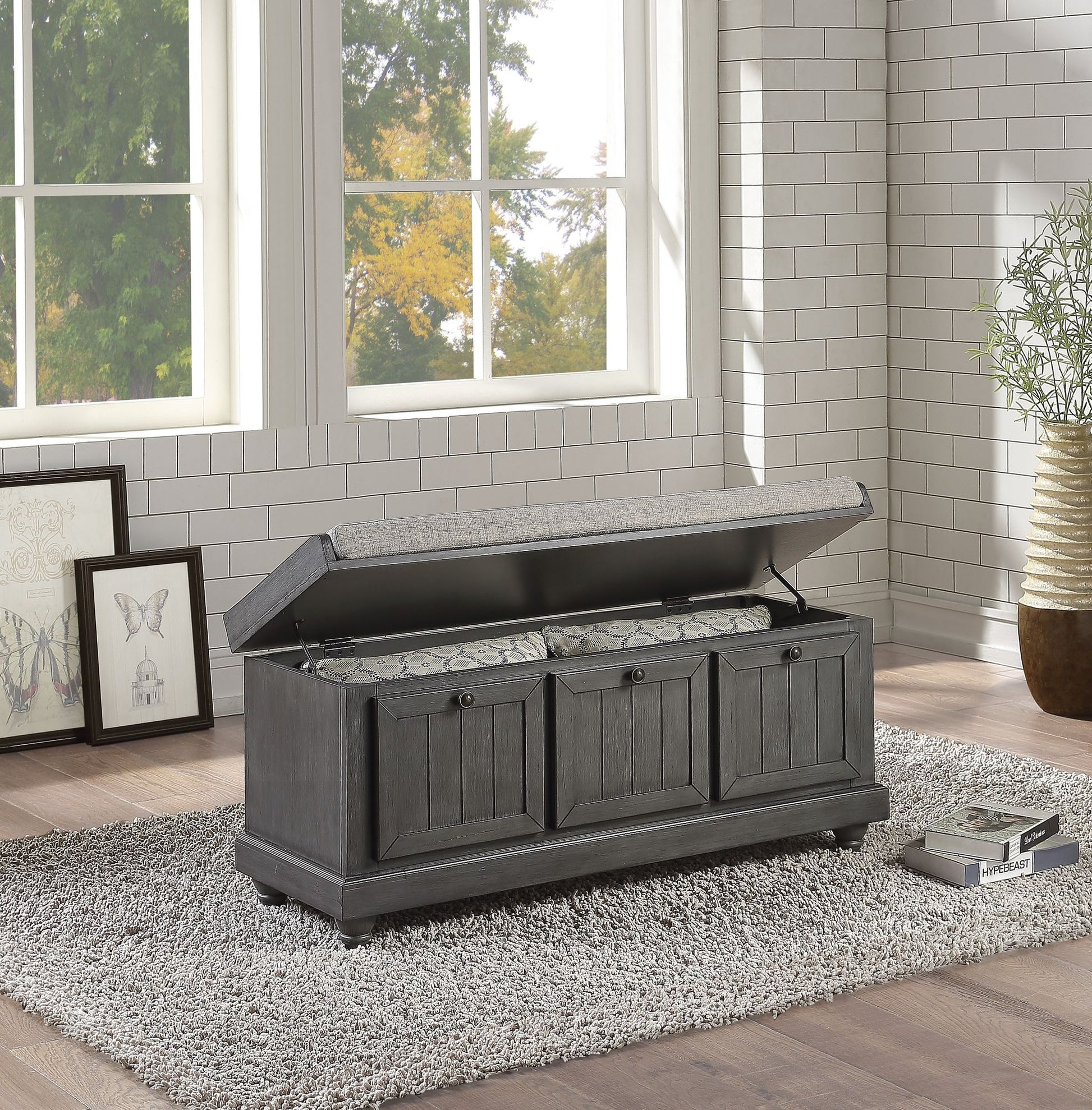 1pc Durable Storage Bench Dark Gray Finish Foam Cushioned Seat Upholstery Flip-Top Seat Solid Wood Home Furniture image 2