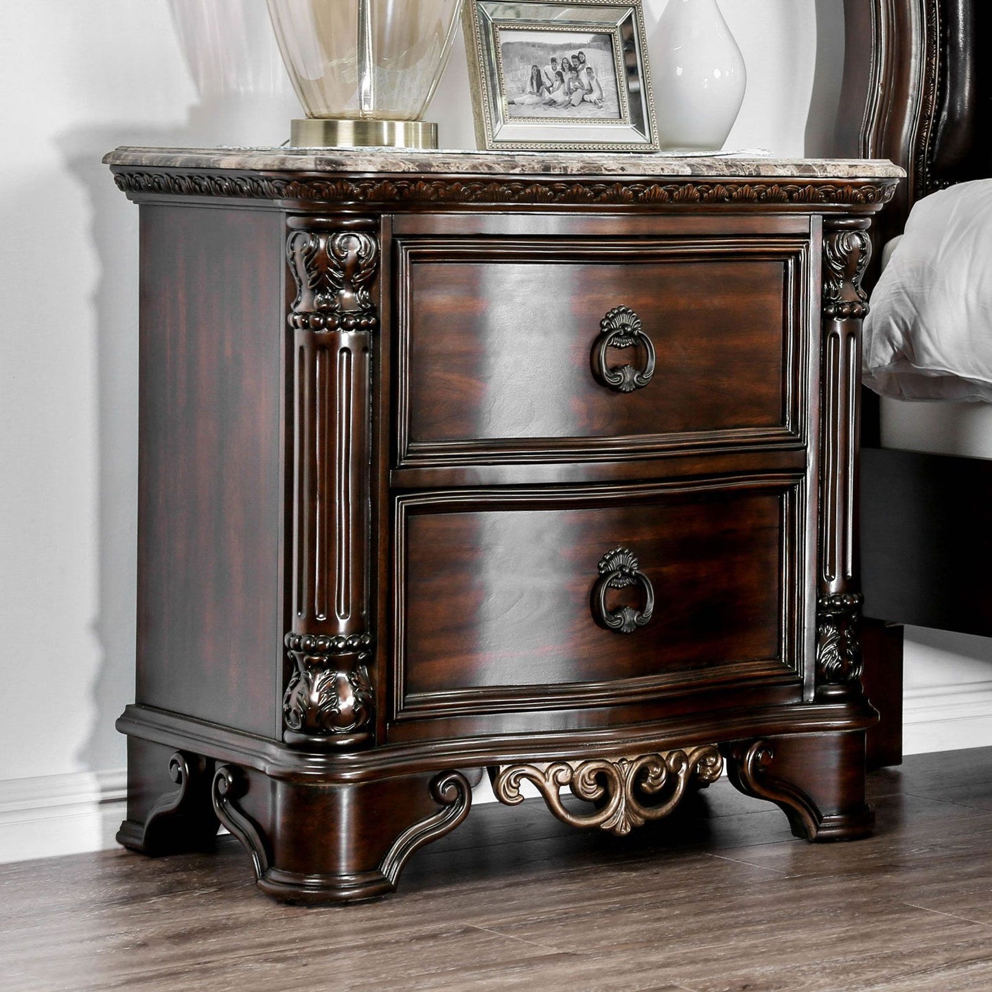 1pc Nightstand Only Traditional Brown Cherry Solid wood 2-Drawers Ball Bearing Metal Glides Brass Ring Pull Handles Bedr image 1