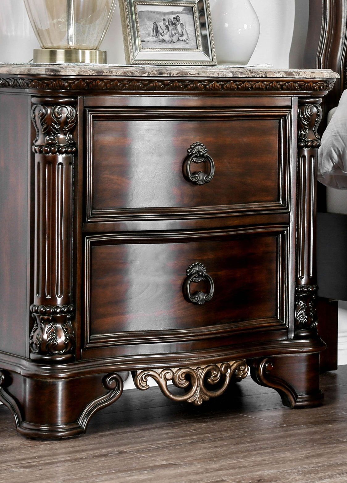 1pc Nightstand Only Traditional Brown Cherry Solid wood 2-Drawers Ball Bearing Metal Glides Brass Ring Pull Handles Bedr image 2