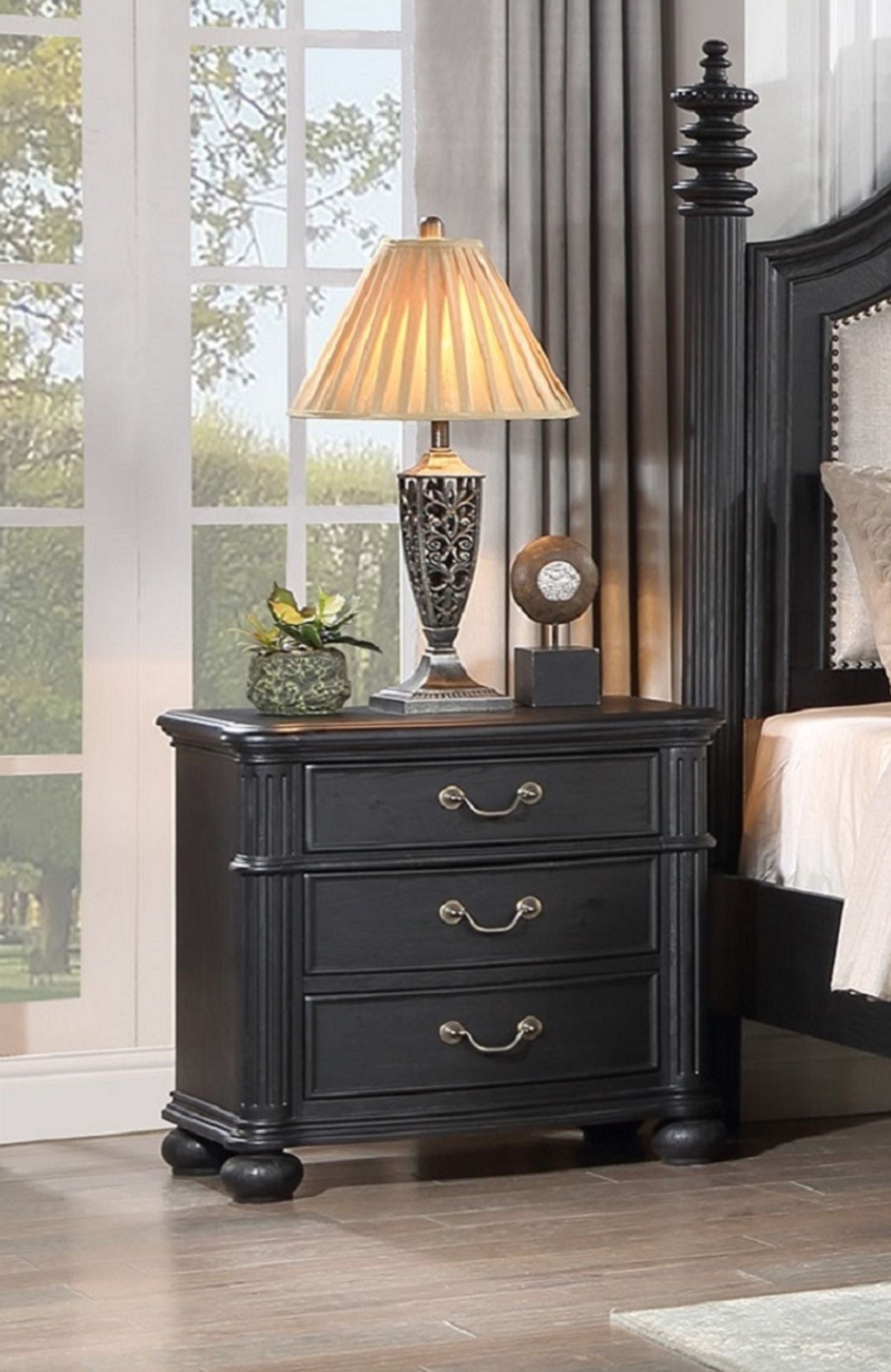 1pc Traditional Vintage Antique Drawer Pull 3-Drawer Nightstand Black Gray Dark Finish Bedroom Wooden Furniture image 1