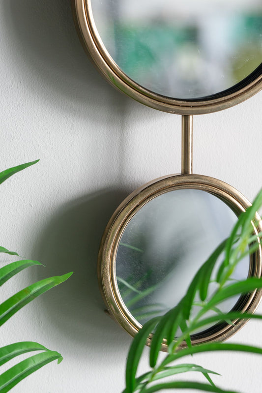 2 Circle Mirrors for Wall Decor - Contemporary Gold Iron Mirror Set - Front View