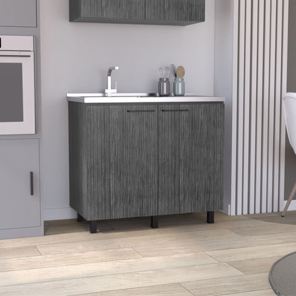 2 Freestanding Utility Base Cabinet with Stainless Steel Countertop and 2-Door, Smokey Oak image 1
