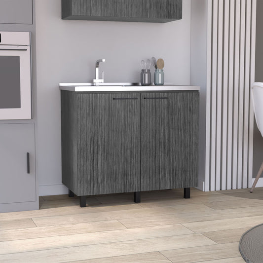 2 Freestanding Utility Base Cabinet with Stainless Steel Countertop and 2-Door, Smokey Oak image 1